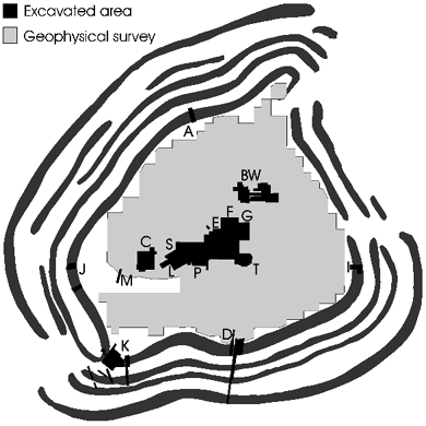 Figure showing Alcock's work on Cadbury Castle 1966-70